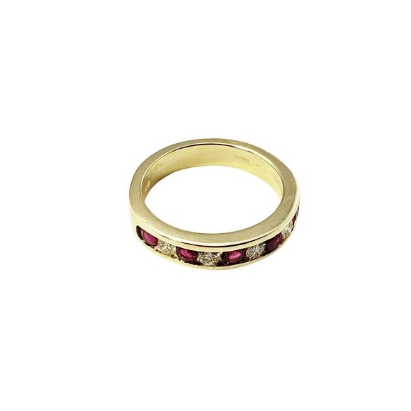 Vintage 14 Karat Yellow Gold Lab Created Ruby Diamond Band Ring Size 6.5 #11435 - Picture 3 of 9